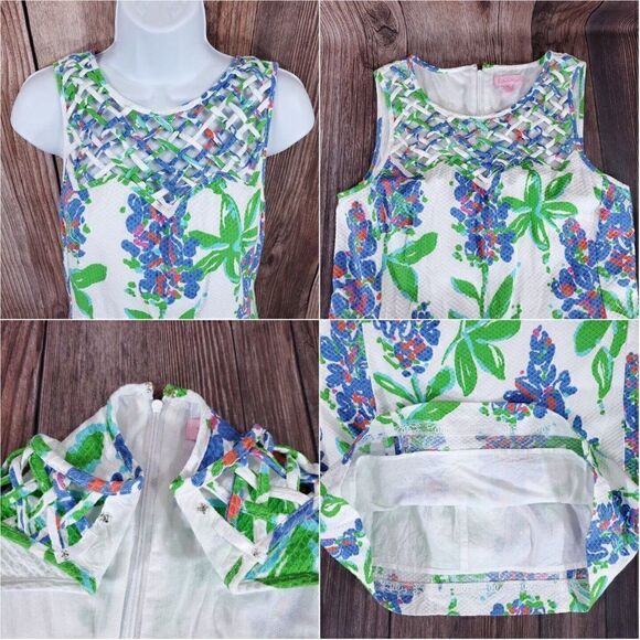 𝅺Lilly Pulitzer Ricci Shift Dress Womens 6 Fresh Cut Blue Bonnets Lattice Front - Picture 8 of 12